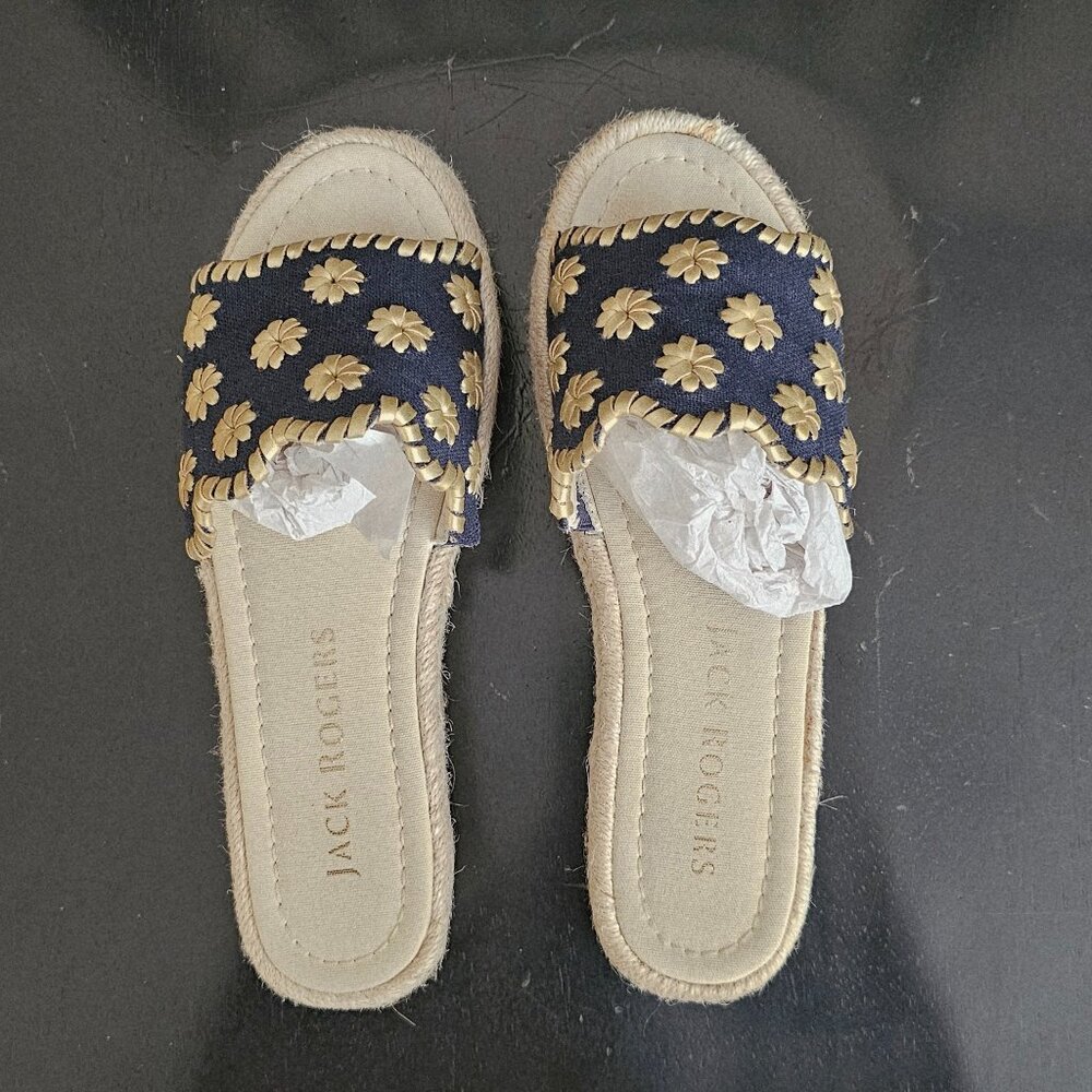 Jack Rogers Navy and Gold Floral Espadrille Slide Sandals
